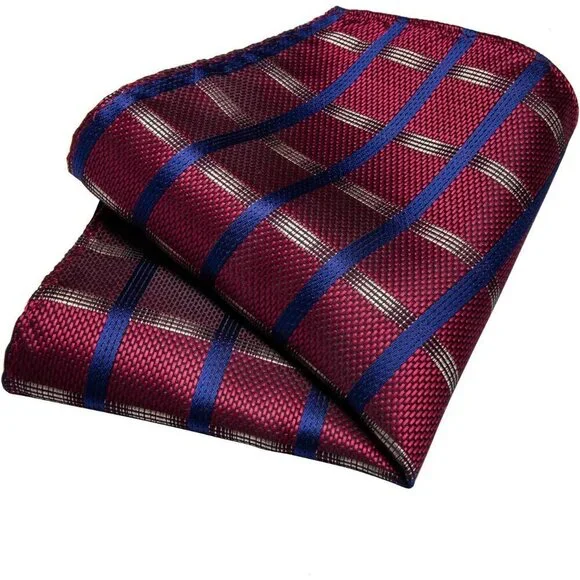 🆕Men Red Plaid Silk Checkered Necktie Pocket Square Cufflinks Tie Clip Set